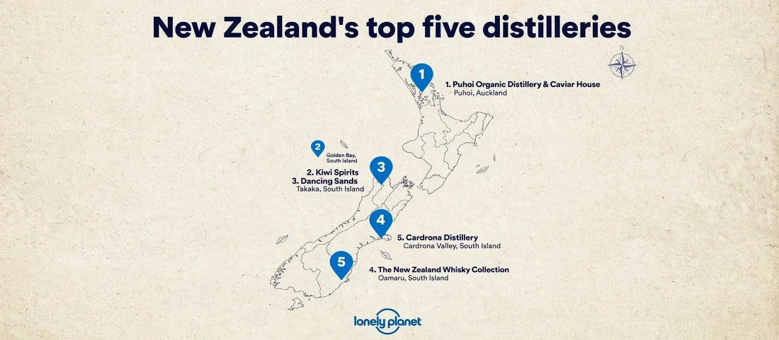 The best five distilleries in New Zealand according to the experts of the Lonely Planet, with their geographical location shown on the map of New Zealand, both in the North and South Island.