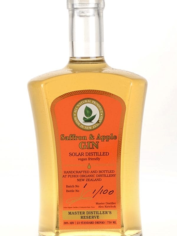 saffron-and-apple-gin-master-distilled-in-puhoi-new-zealand-limited-edition-small-batch-organically-grown-ingredients-Never-sold-in-nz-supermarket-bespoke-Old-tom-style-gin