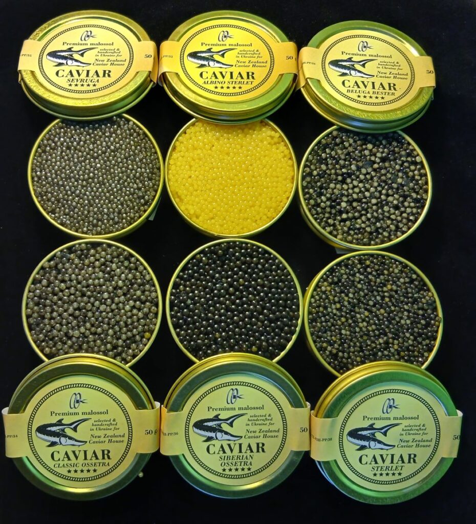 New-Zealand-Caviar-House-2025-Caviar-stock-inlcuding-Beluga-Bester-Siberean-Ossetra- Classic-Oscietra- Sterlet-Sevruga-Albino-Diamond- Sterlet